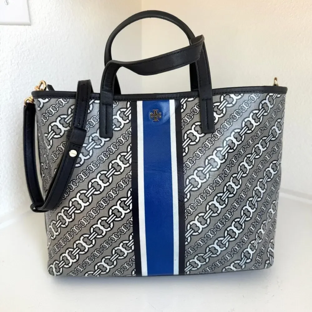 TORY‎ BURCH Gemini Link Canvas Satchel Tote Navy Stripe Crossbody Bag